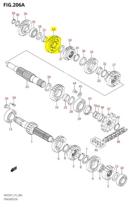 OEM Versnellingsbak Tandwiel Suzuki RM250 1996-2008 1e Versnelling (27 tanden)